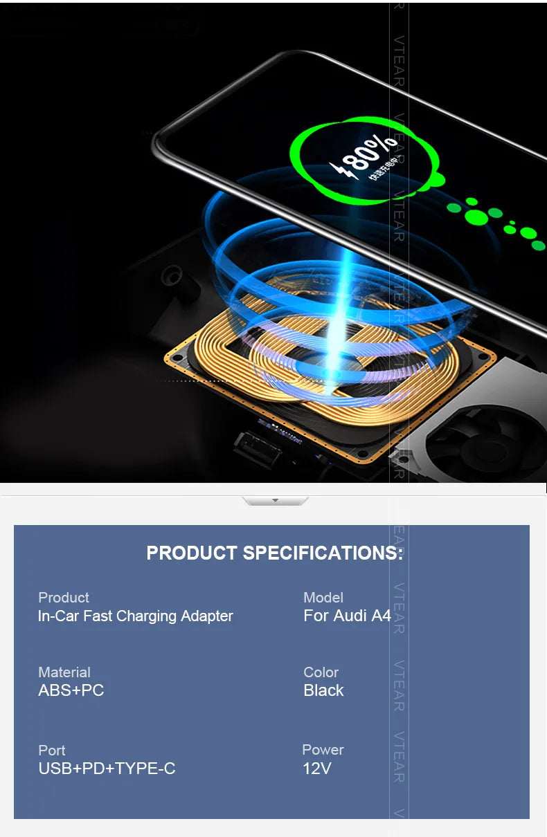 For Audi A4 B8/A5/RS4/RS5 2008-2015 Magnetic Car Wireless Charger with Expansion Cable Fast Cellphone Charging Adapter Parts
