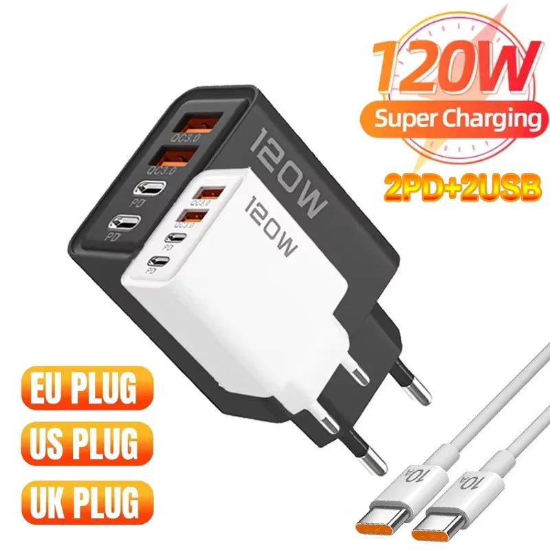 120W PD USB Charger Fast Charging Type C Mobile Phone Adapter For iPhone Samsung Quick Charge 3.0 EU Plug Wall Charger