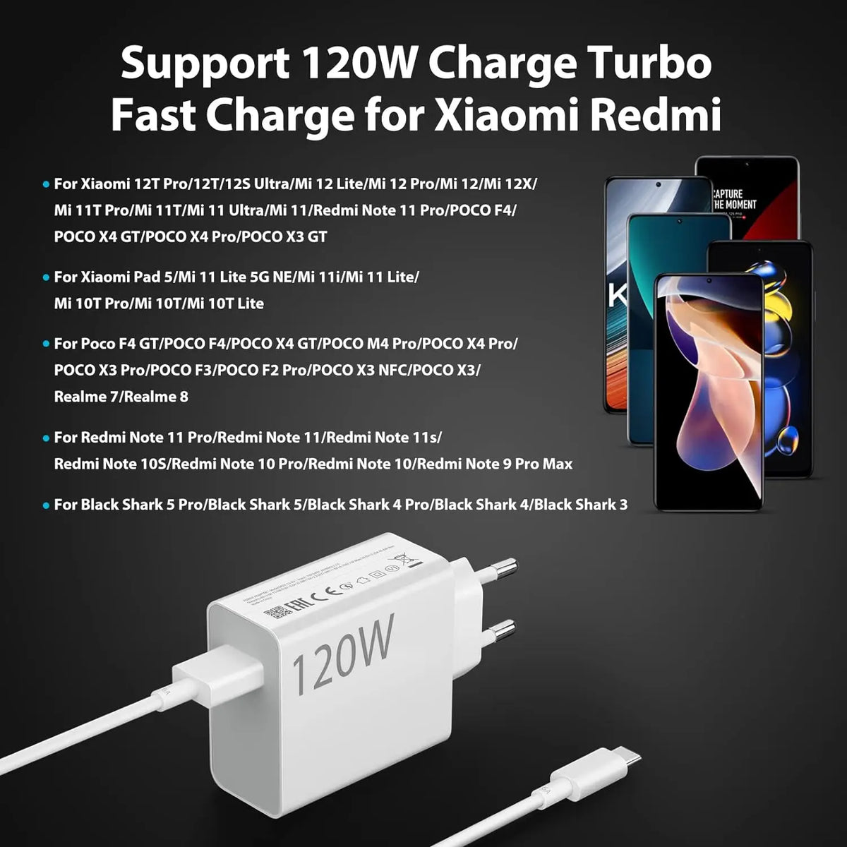 120W EU Ultra Fast Charger For Xiaomi 11 12 13 14 15 Ultra 17 Redmi Note 11 12 13 POCO X5 X6 Pro Type C USB Turbo Charging Cable