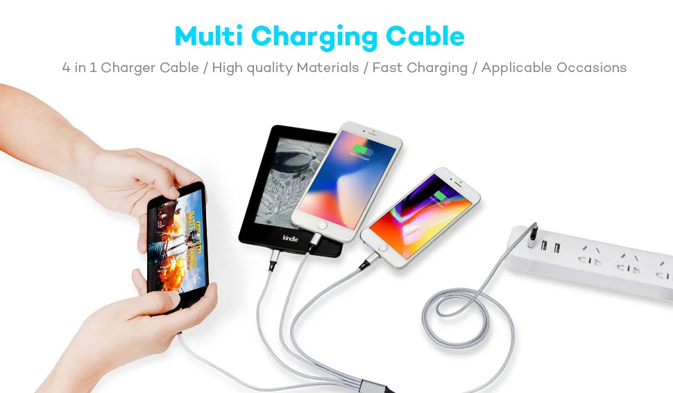 Multi USB Charging Cable (3A) USB Cable 4 in 1 Fast Charging Cord Adapter for iphone Android Phones Tablets and More