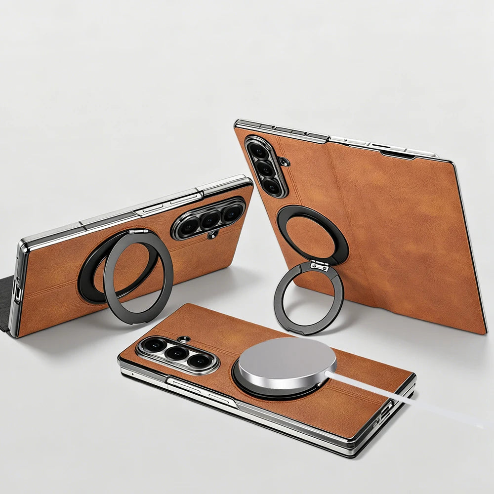 Magnetic Plain PU Leather Flip Phone Case With 360° Rotatable Ring Kickstand Holder for Samsung For Galaxy Z Fold 8 Ultra 7/6