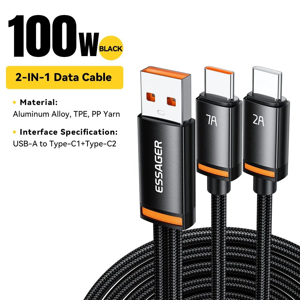 Essager 2 in 1 USB Cable 7A Charger Cable for iPhone 15 16 USB A To Type C to Lighting Cable for Macbook Samsung Xiaomi Huawei
