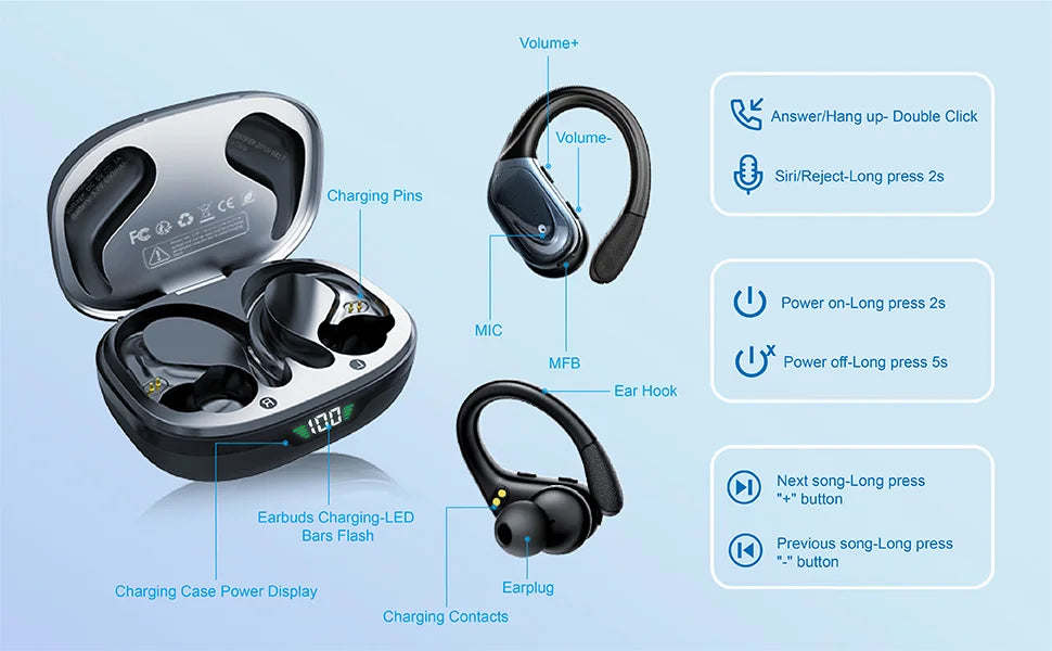 BX17 Bluetooth Earphones Tws Ear Hook Bluetooth 6.0 Running Sports Stereo Buttons Control With Microphone Wireless Headphones