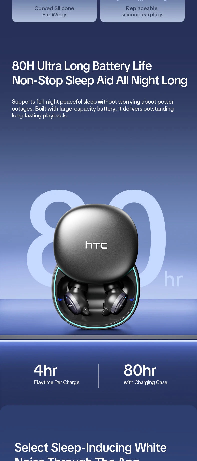 HTC NE96 Bluetooth 6.0 Wireless Earbuds Noise Cancelling Sleep Headphones 30H Battery Life Premium Acoustic Tuning Ultra-light