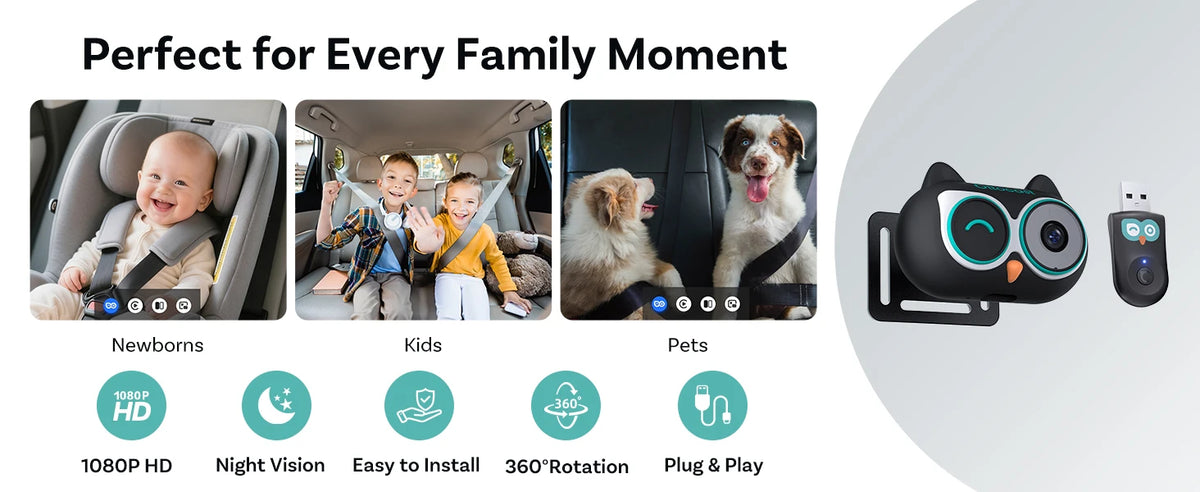OTTOCAST Cabin Care Baby Car Camera Wireless Carplay Adapter 1080P 150° Wide Angle Night Vision Back‑Seat Monitor Easy Install