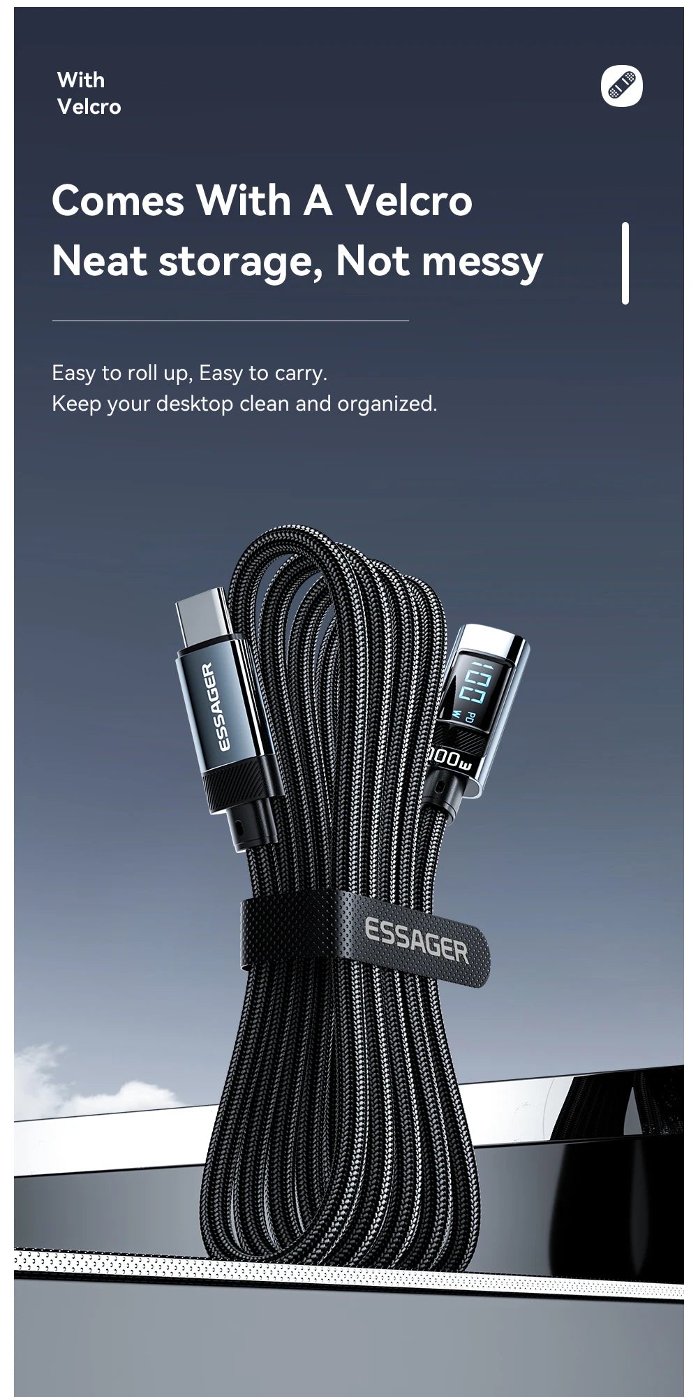 Essager PD100W USB Type C Cable 90 Degree 5A Fasting Charing For iPhone Xiaomi Samsung Huawei Laptops LED Digital Display Cable