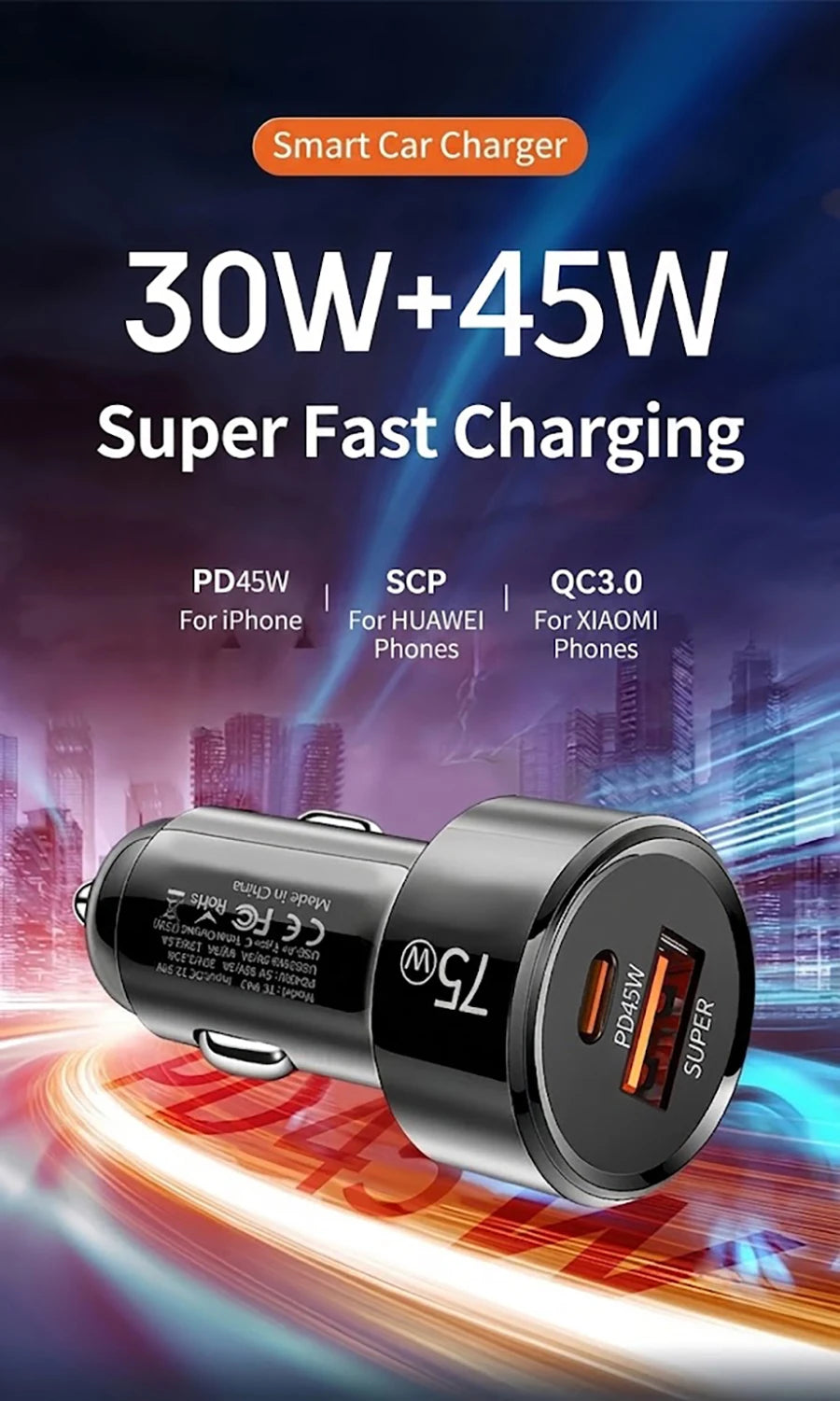 Dual Port 75W Vehicle Charger PD 45W QC 30W Fast Charging Auto Adapter Intelligent Chip Multiple Protections For Cars For iPhone