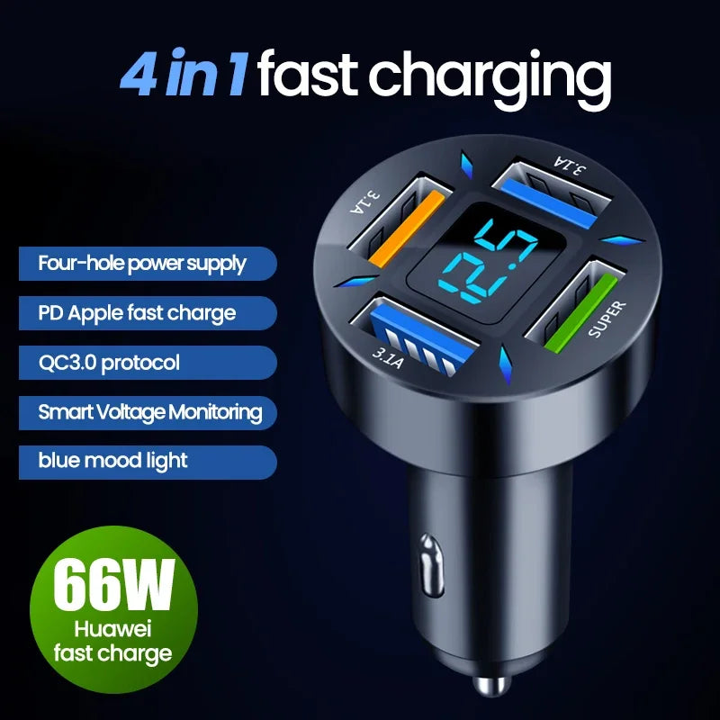 PD Quick Car Charger QC3.0 2.4A 4 Ports USB Fast Charging Car Adapter Cigarette Lighter Socket Splitter For iPhone Xiaomi