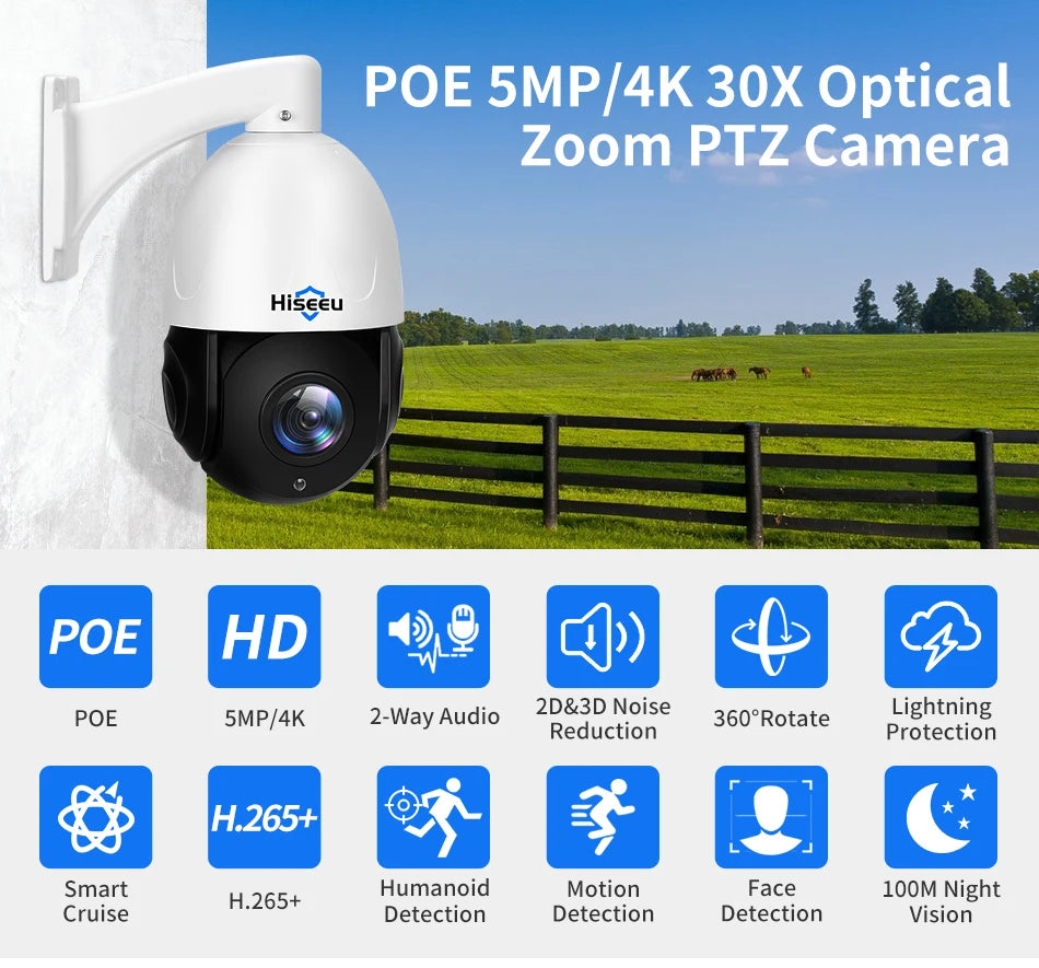 Hiseeu 8MP PTZ POE Camera 30X Optical Zoom Outdoor 2-Way Audio Color Night Vision Street Surveillance IP Camera IP66 Waterproof