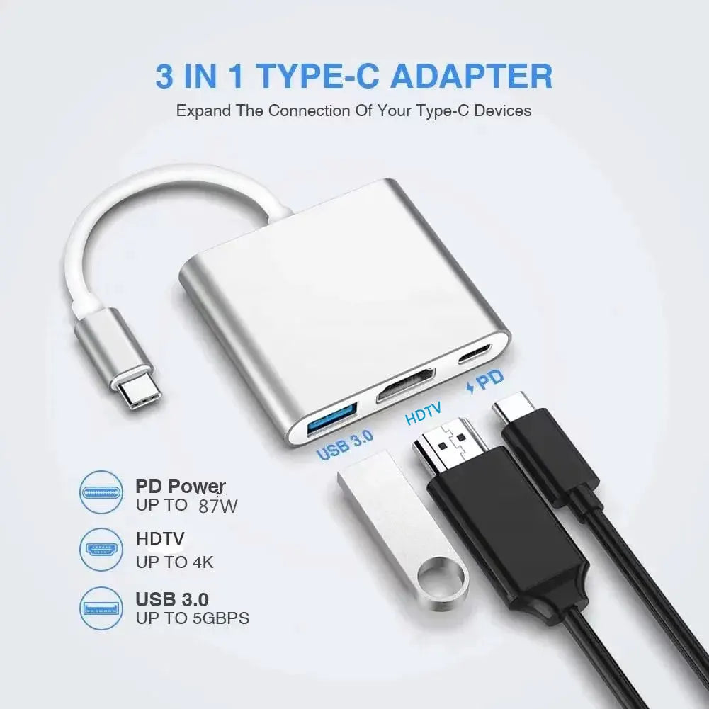 3-in-1 USB C Hub 100W Power Delivery USB 3.0 with 4K HDMI-Compatible for MacBook Chromebook Steam Deck - Stable HUB Adapter