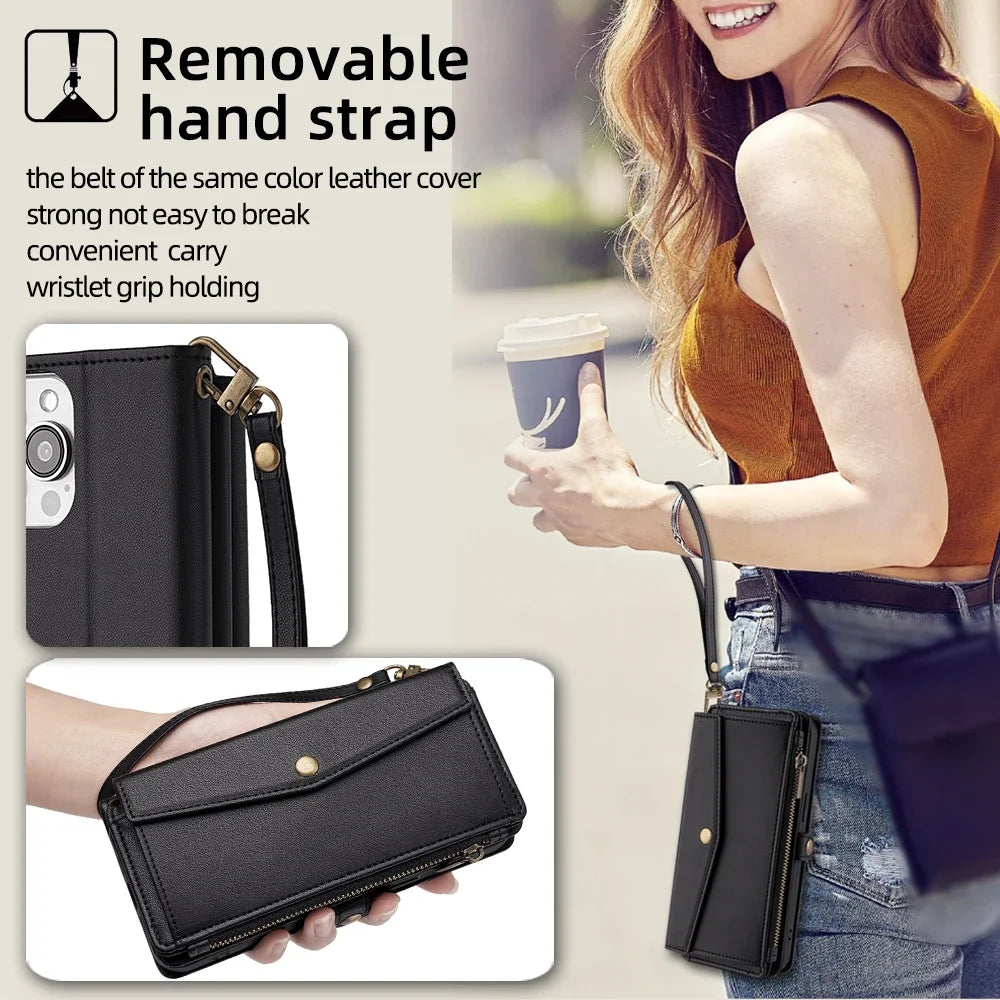 Wallet Flip Stand Leather Case For iPhone 11 12 13 14 15 Pro Max 6 6s 8 7 Plus X XS XR SE 2020 SE3 2022 Cover Crossbody-Bags