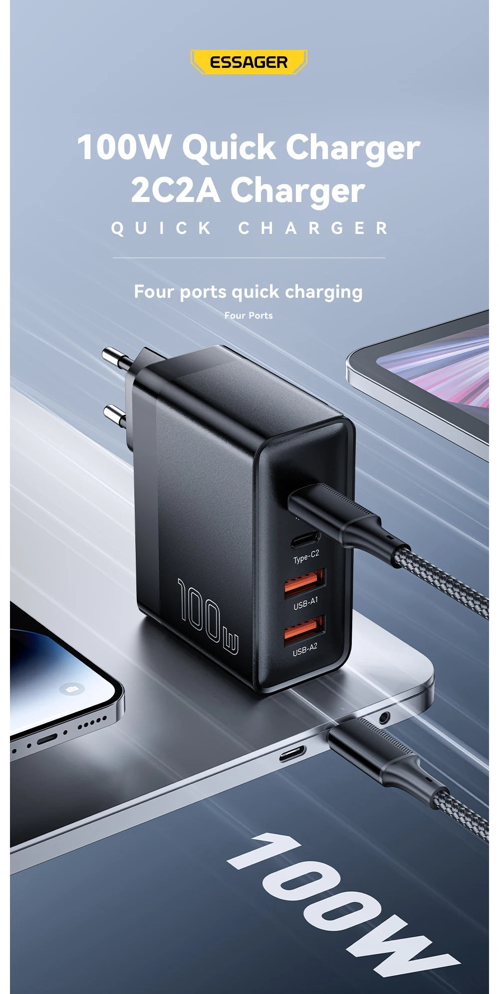 Essager 100W USB Type C Charger 65W PD Quick Charge4.0 3.0 Type-C Fast Charging For iPhone 14 13 12 Xiaomi Macbook 13 Pro Laptop