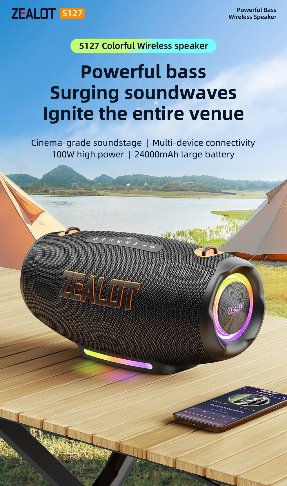 ZEALOT S127100W Powerful subwoofer Portable wireless speaker,24000mAh Battery,RGB Light,Great for Gift-Giving Birthday/Christmas