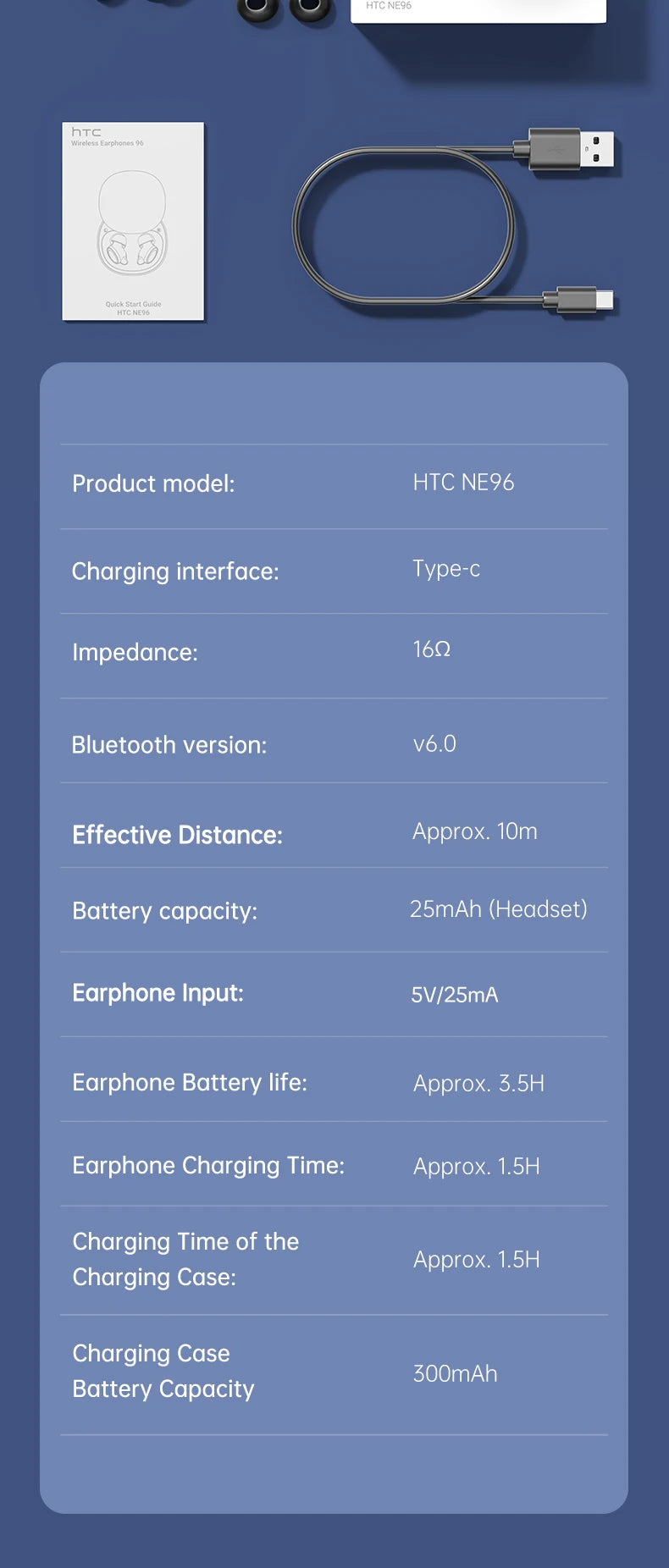 HTC NE96 Bluetooth 6.0 Wireless Earbuds Noise Cancelling Sleep Headphones 30H Battery Life Premium Acoustic Tuning Ultra-light