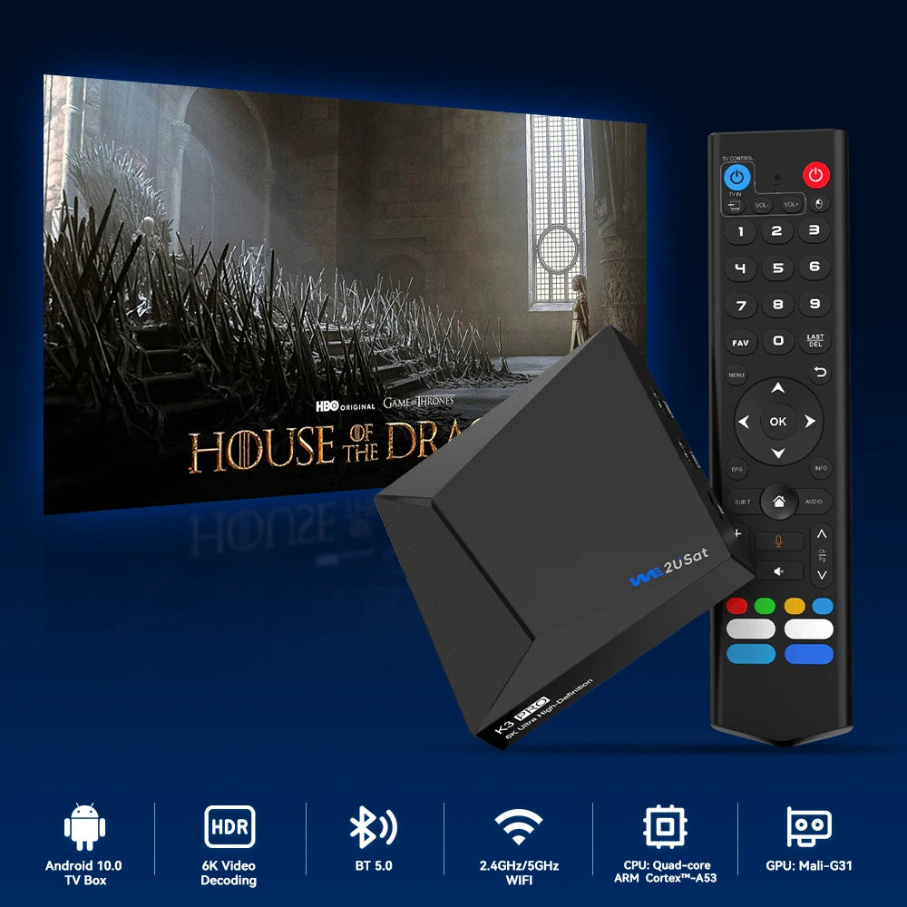 We2USat K3 PRO Smart Android TV Box 6K HDR Build in WiFi-6 2.4GHz/5GHz BT 5.0 4GB+32GB Streaming Media Player PK Vseebox V5 PRO