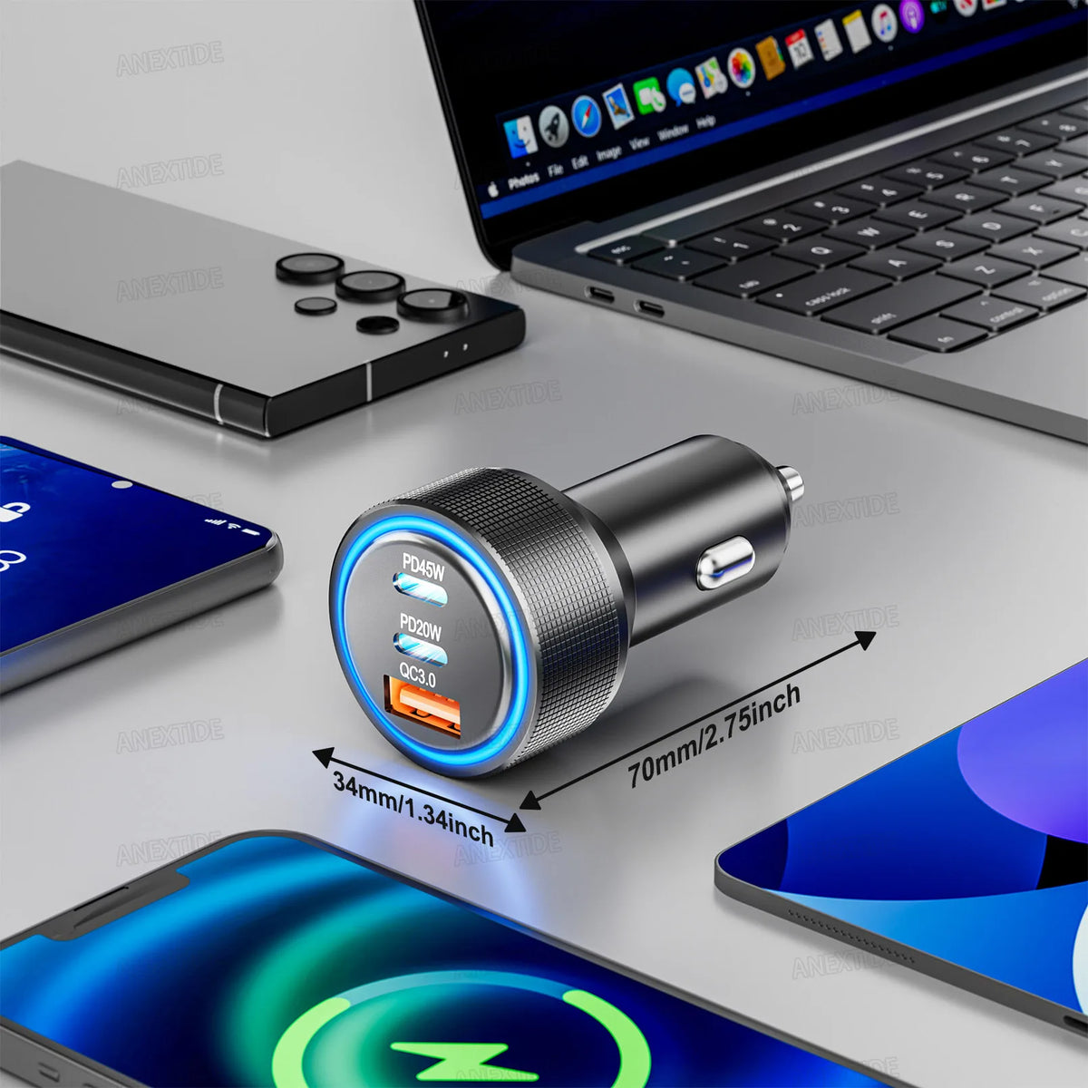 USB C Car Charger, 3-Port 67W Dual USB-C & USB-A Car Power Adapter PD/QC Fast Charging Cigarette Lighter for iPhone 16/15/14/13