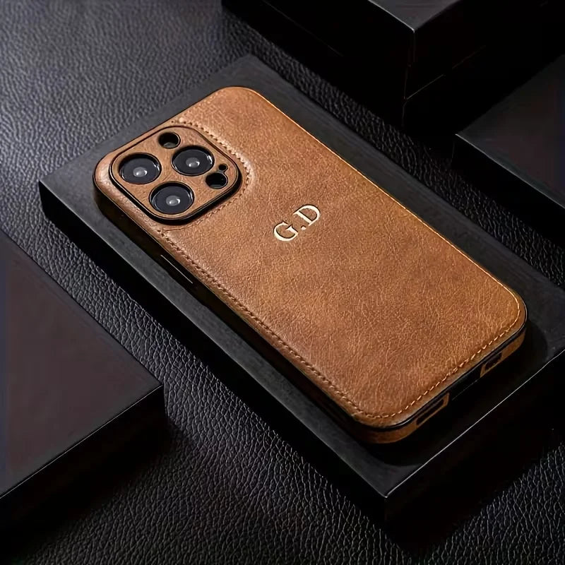 Personalized Customized Silver Hot Stamping Name Faux Leather Classic Business Phone Case For iPhone 17 16 15 14 13 Pro Max Plus
