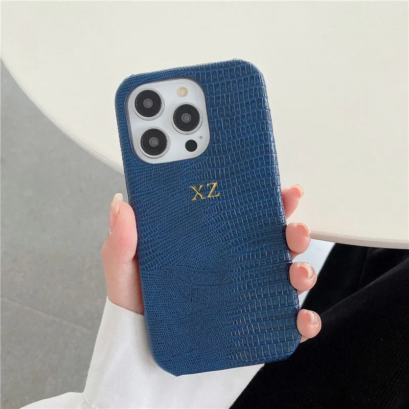 Personalise Gold Silver Initials Letters Leather Case For Iphone 15 12 14 13 16 17Pro Max 14 16 Plus Luxury Lizard PU Hard Cover