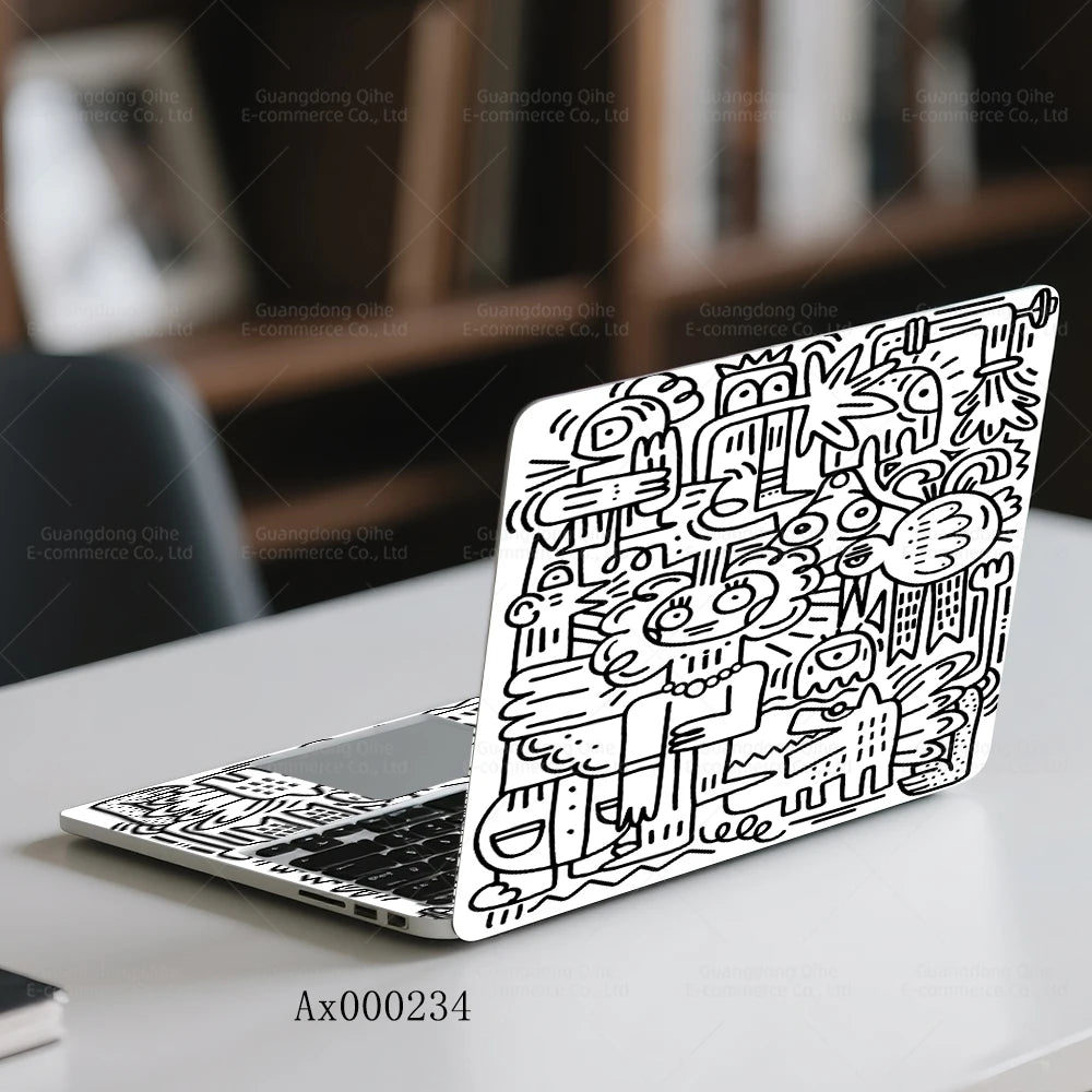 2Pcs Black White Doodle Laptop Skin, Waterproof Vinyl Graffiti Laptop Decal Art Stickers for MacBook HP Dell Universal Laptop