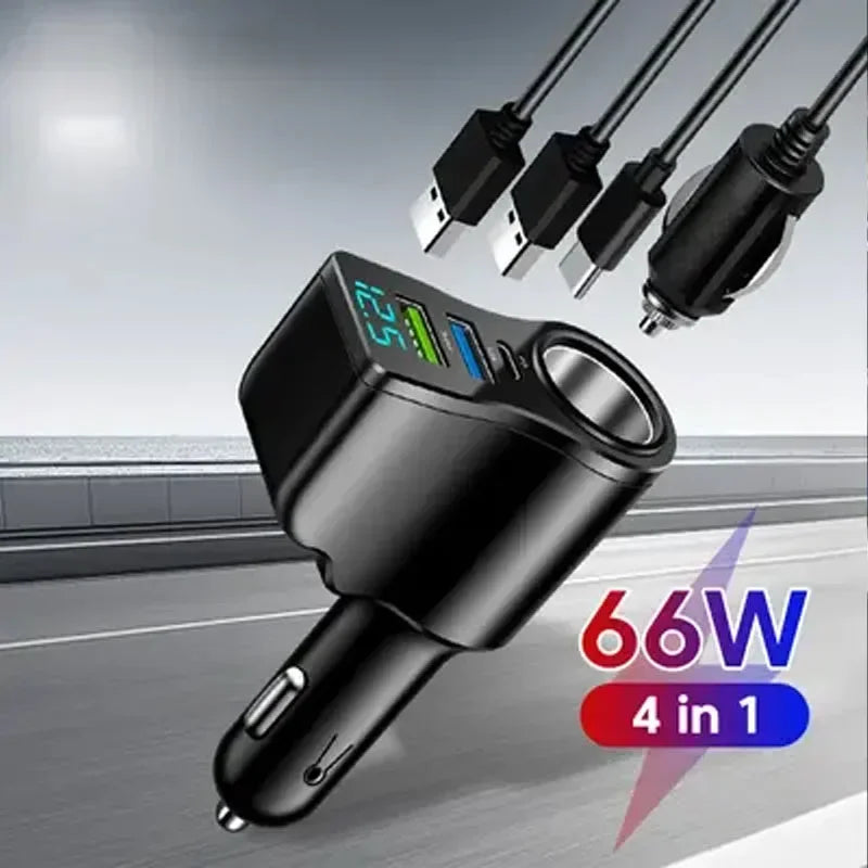 New Digital Display Car Fast Charging Dual USB Car Charger Car One to Three Cigarette Lighter 66W Car Multifunctional Charger