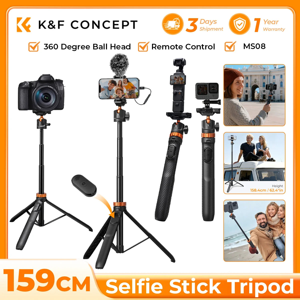 K&F CONCEPT Phone Selfie Stick Tripod 2-in-1 Extendable Cell Phone Tripod Stand with Remote 360° Ball Head for DJI Osmo Pocket3