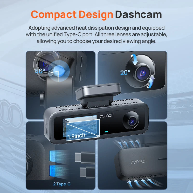 70mai T800E 3-Channel Dash Cam, 4K HDR f/1.55 Built-in GPS Voice Control, Supercapacitor 24H Parking Mode 3-in-1 Car Camera