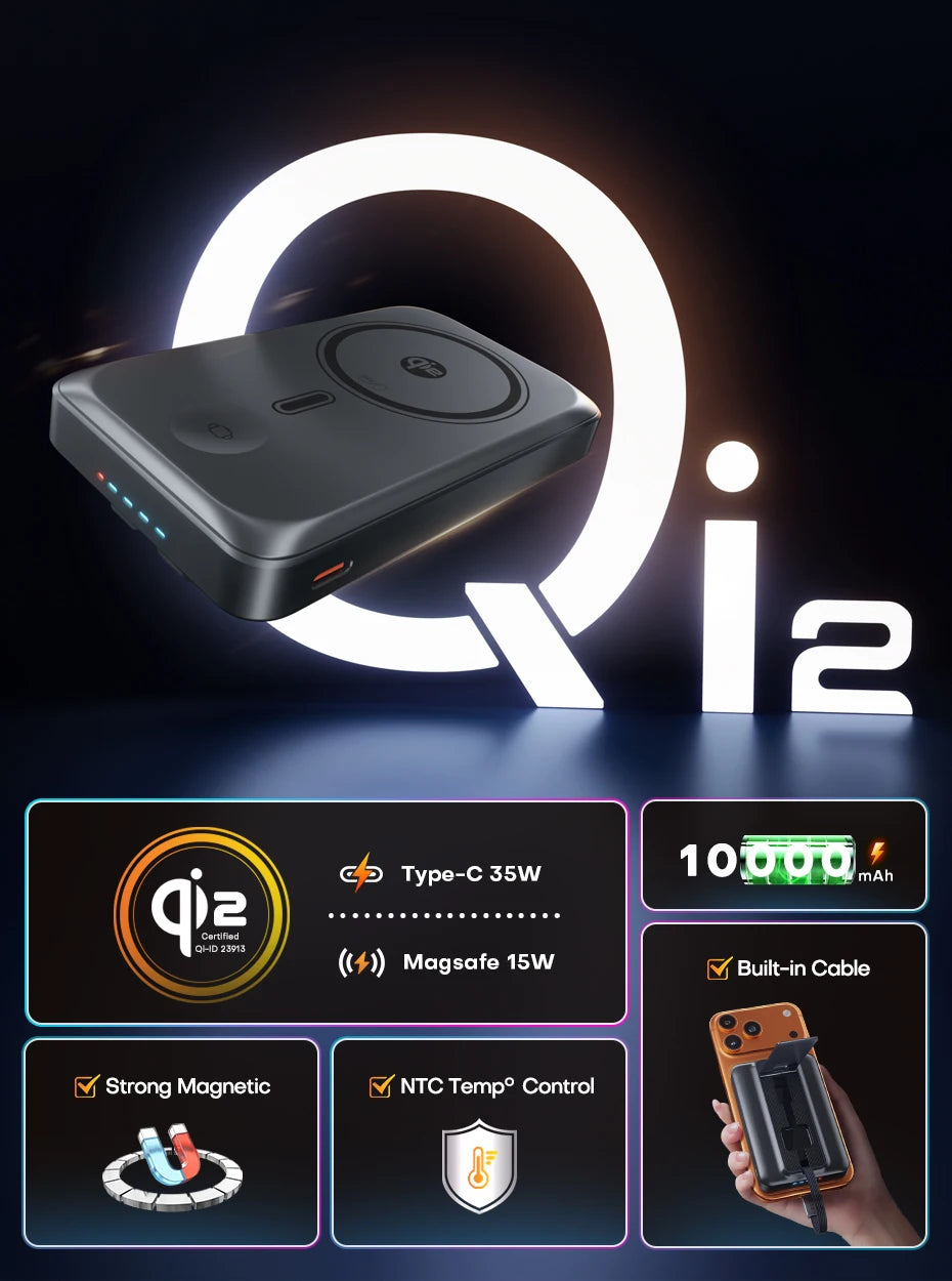 QOOVI Qi2 35W Magnetic Power Bank 10000mah Portable Charger For MagSafe 15W Wireless Fast Charging For iPhone 17 16 15 iWatch