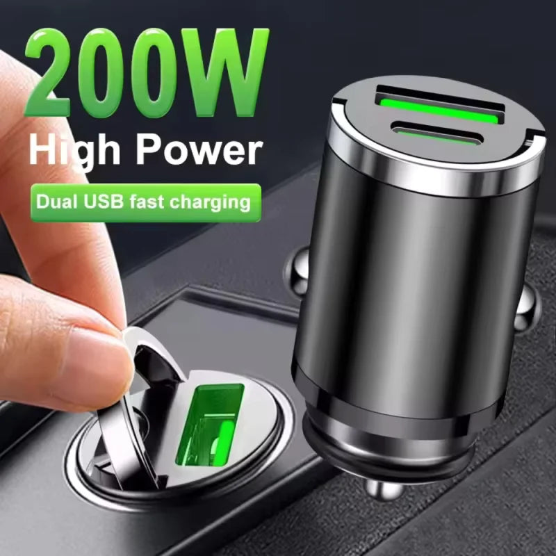 200W Mini Car Charger Fast Charging for iPhone QC3.0 Mini PD USB Type C Car Mobile Phone Charger for Xiaomi Samsung Huawei