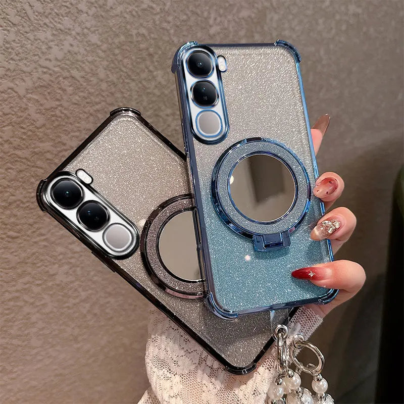 Bling Glitter Lipstick Mirror Stand Phone Case For Vivo Y31 5G Y21D With Pearl Chain Girls Women's Anti-drop Shockproof Cover