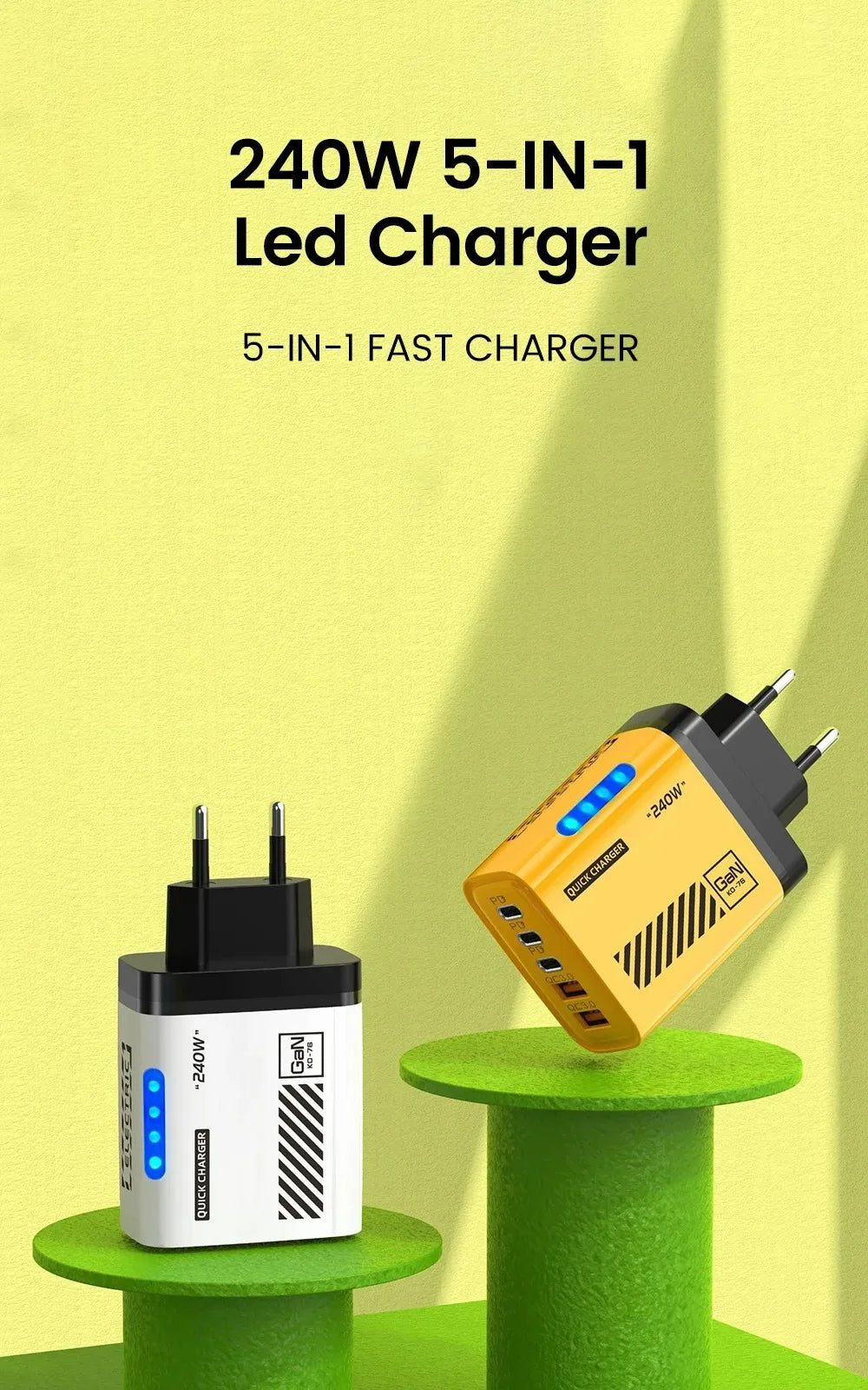 5in1 240W Type C Fast Charger US/EU Plug Desktop USB Charger Wall Adapter PD Quick Charge 3.0 USB C Phone Charging Head Adapter