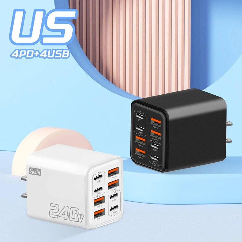 240W GaN USB C Charger 8 in 1 Fast Charging Phone Charger Power Adapter For iPhone Xiaomi Type C EU/US/UK Plug Wall Charger 2026