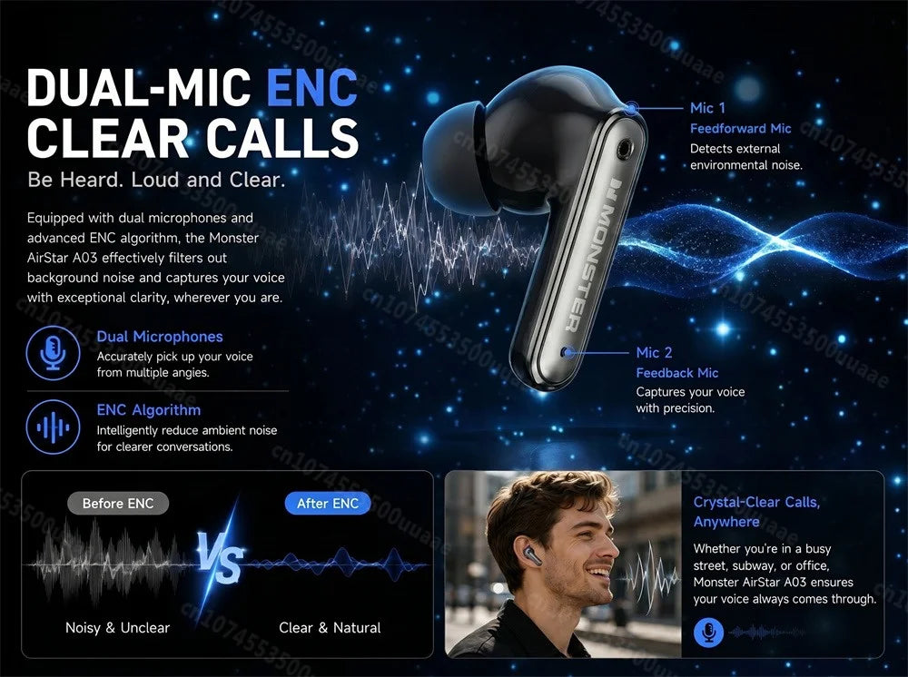 Monster Airstar A03 ANC Bluetooth 6.0 Earbuds Punchy Deep Bass Sports Headphones Active Noise Cancellation TWS Wireless Earphone