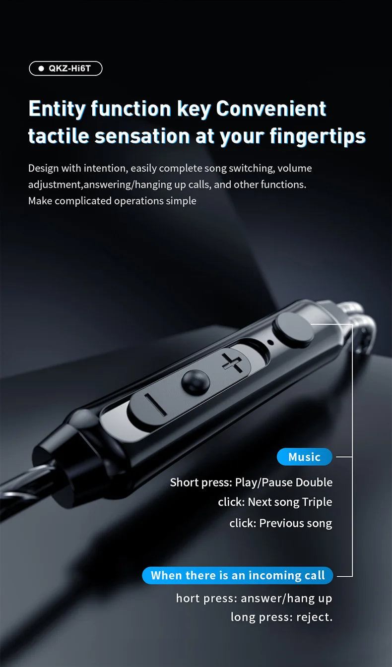 QKZ Hi6T In-Ear Headphones, Studio Monitors, Wired Bass Control, Mobile, Running, Live Streaming