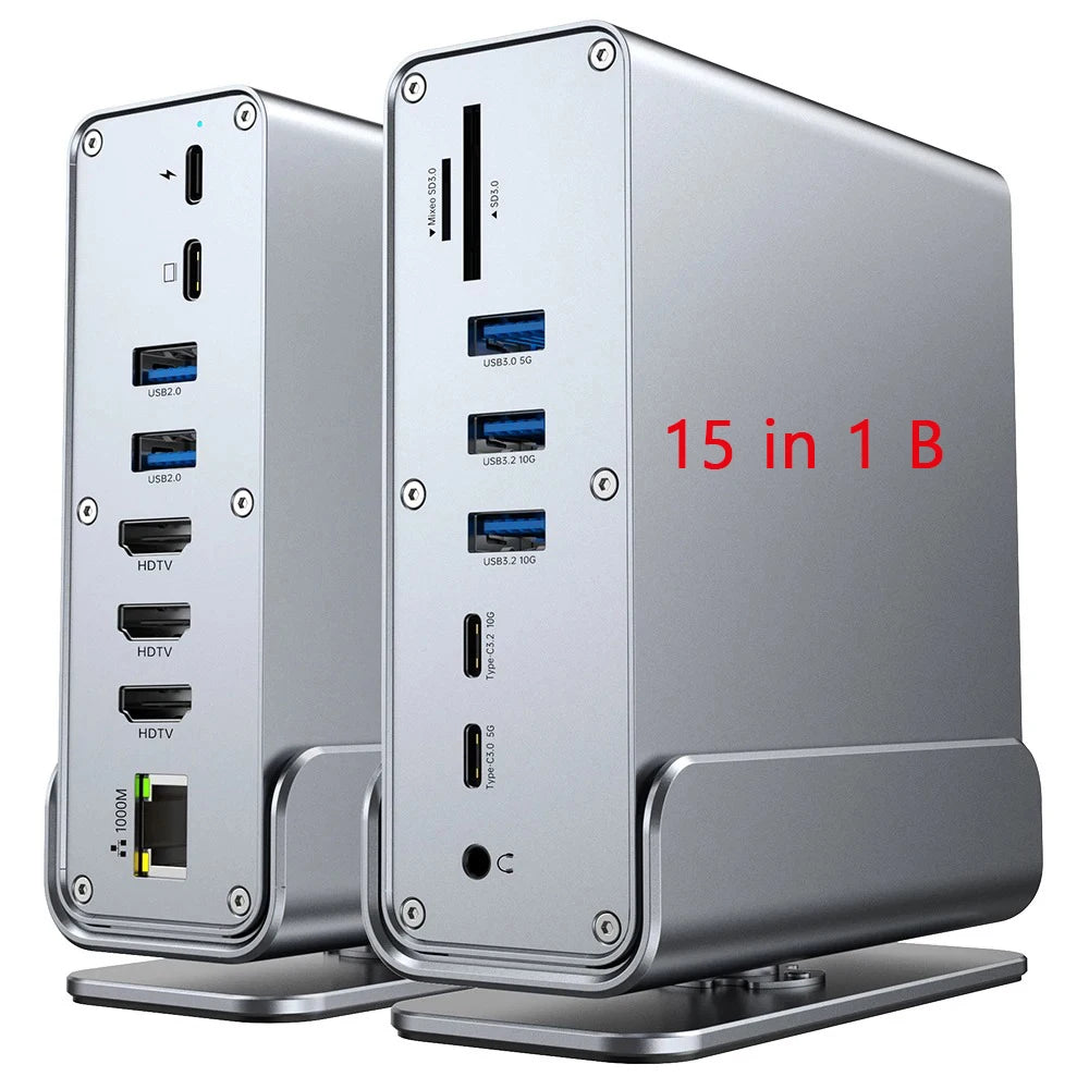 15-in-1 USB C Hub Triple Monitor 4K@60Hz DP Hub with 10Gbps USB3.2 RJ45 Gigabit PD 100W SD/TF & 3.5mm Audio for Laptops