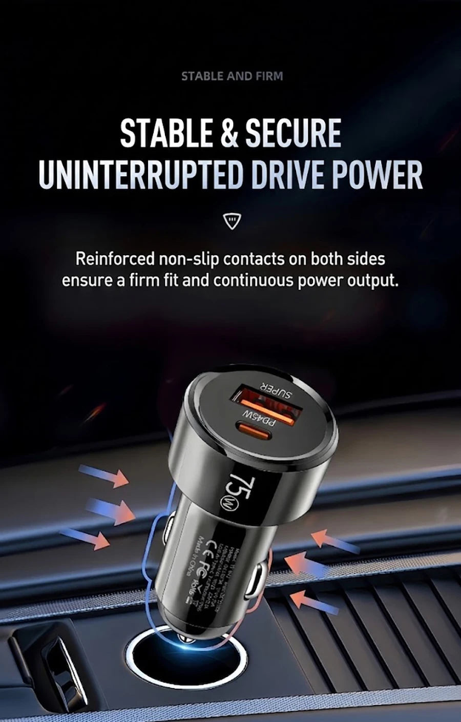 Dual Port 75W Vehicle Charger PD 45W QC 30W Fast Charging Auto Adapter Intelligent Chip Multiple Protections For Cars For iPhone
