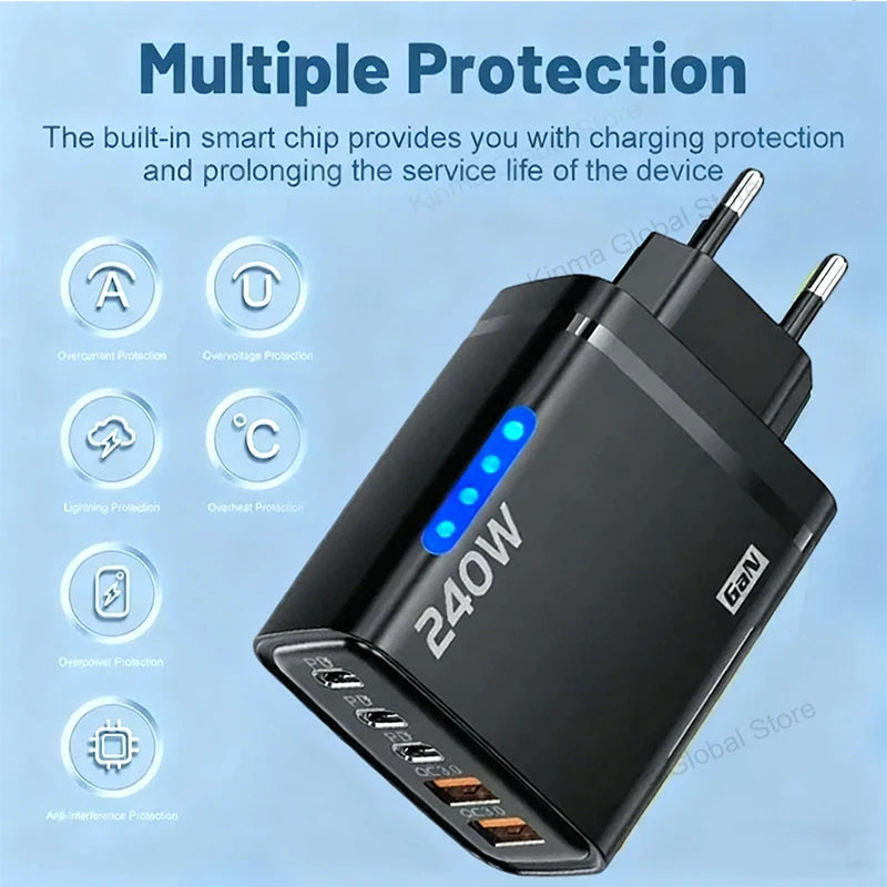 240W GaN Desktop Charger 5 in 1 USB Type-C Charger 120W Type To TypeC Cable Fast Charging Wall Charger For IPhone Xiaomi