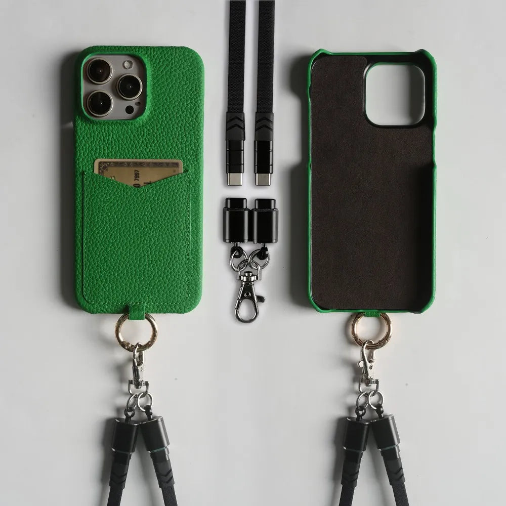 Multifunctional Charging Cable Lanyard Genuine Leather Case for IPhone 18 Pro Max 17Pro 16 15 14 13Pro Crossbody Strap Card Slot