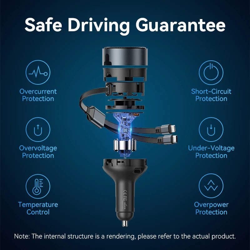 Vention 60W Retractable Car Charger 3 in 1 PD 30W QC 3.0 Fast Charging for iPhone 17 16 Samsung Tablet Cord Cigarette Adapter