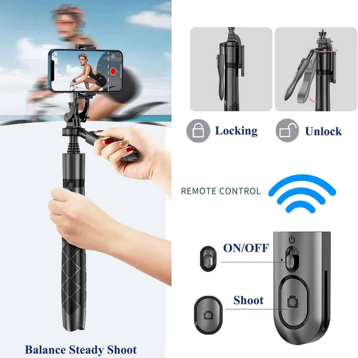 1.55m Extendable Wireless Selfie Stick Tripod with Bluetooth Remote for iPhone Android GoPro,360°Rotation Phone Stand for Videos