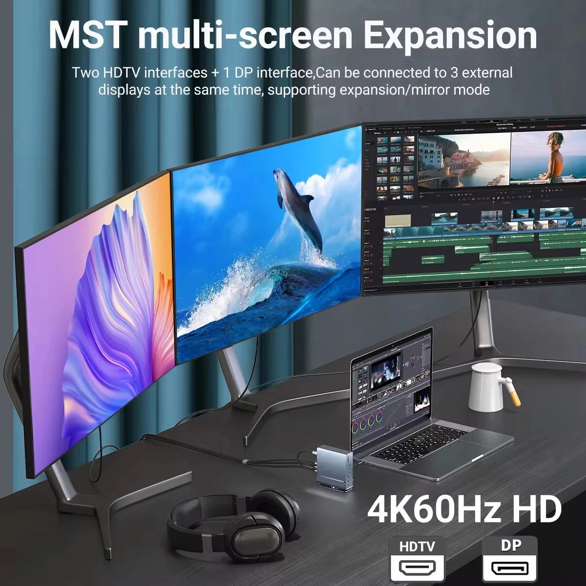 15-in-1 USB C Hub Triple Monitor 4K@60Hz DP Hub with 10Gbps USB3.2 RJ45 Gigabit PD 100W SD/TF & 3.5mm Audio for Laptops