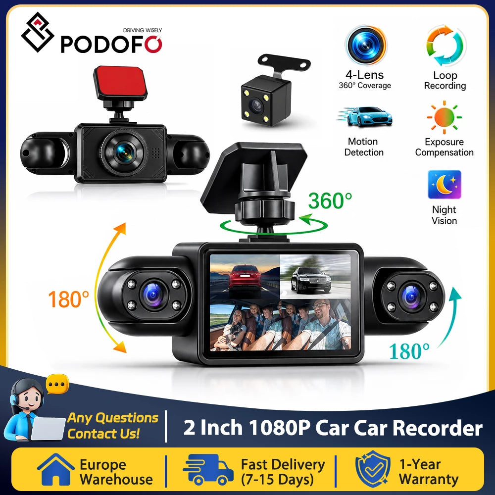 Podofo 2inch 1080P Car Dash Cam with Four High-Definition Cameras, Including 480P Left Interior, Right Interior, and Rear Cameras Loop Recording Add Hardwire Kit Car Accessories Black Box Driving Assistance Camera