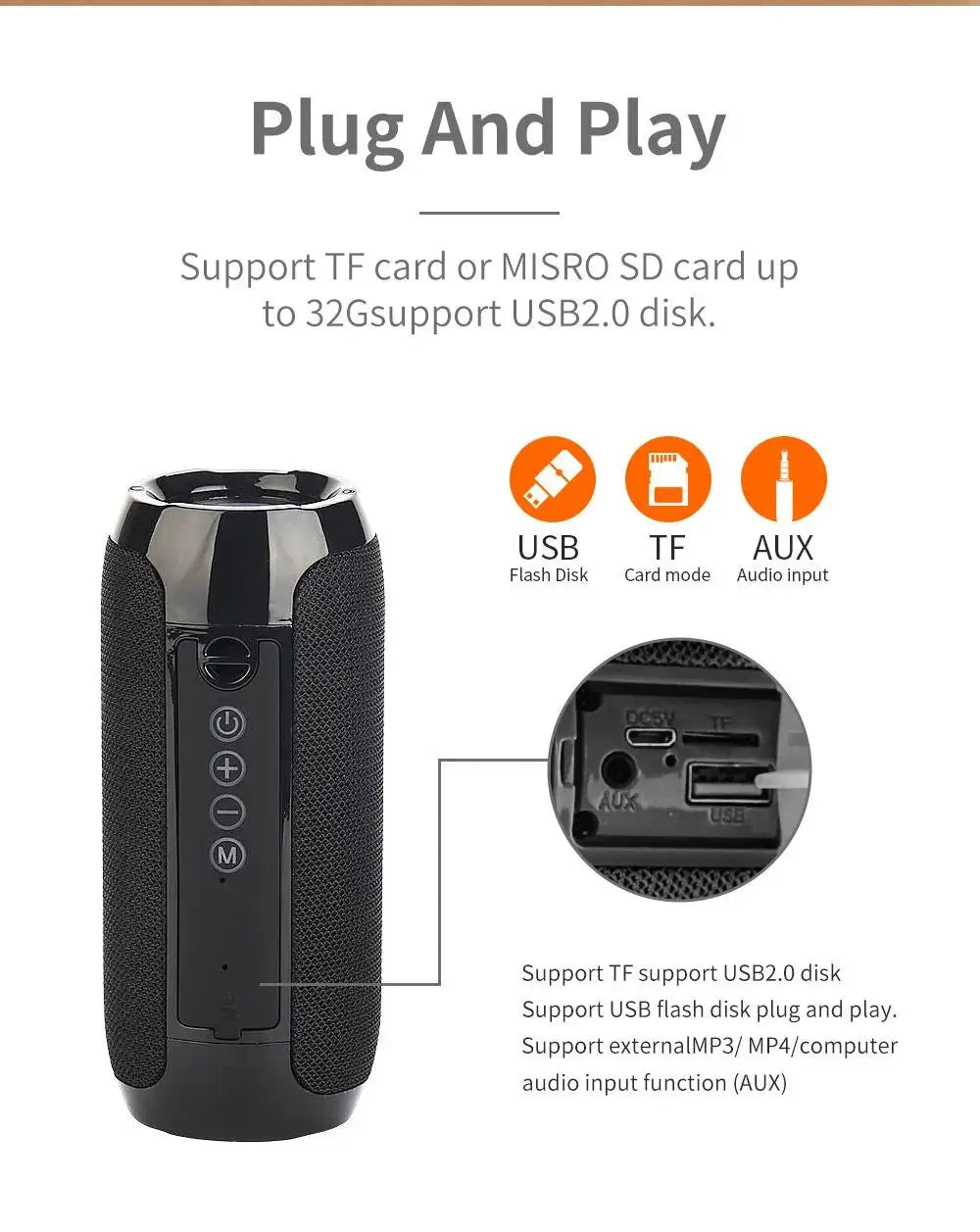 Portable Bluetooth Speaker Wireless , Ipx4 Waterproof Bluetooth 5.0 TWS MP3 Player Paring Aux & Tf-Card Input for Home Outdoor