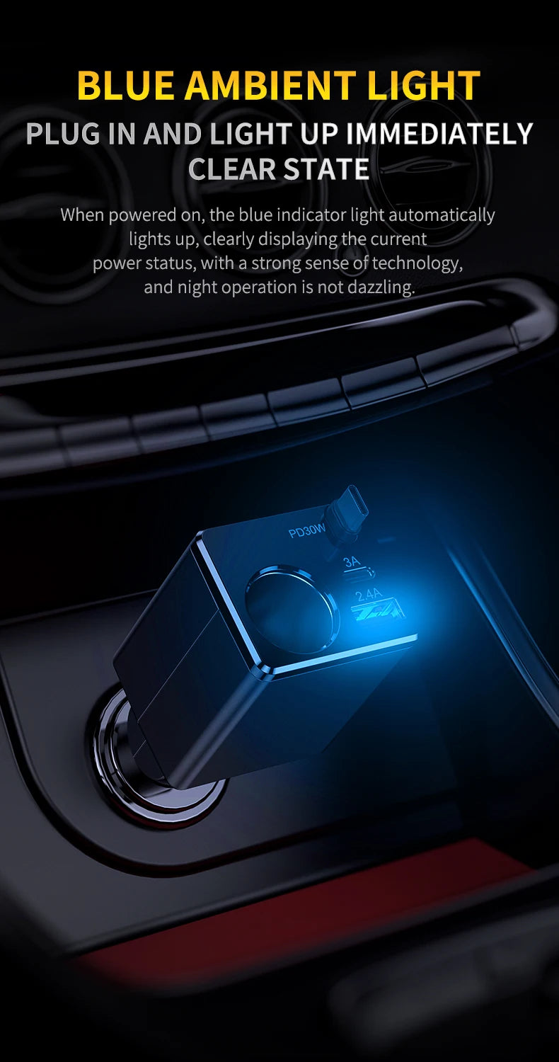 Universal Car Charger 128W Super Fast Charging Cigarette Lighter with Built-In USB-C Retractable Cable for Fast Charging