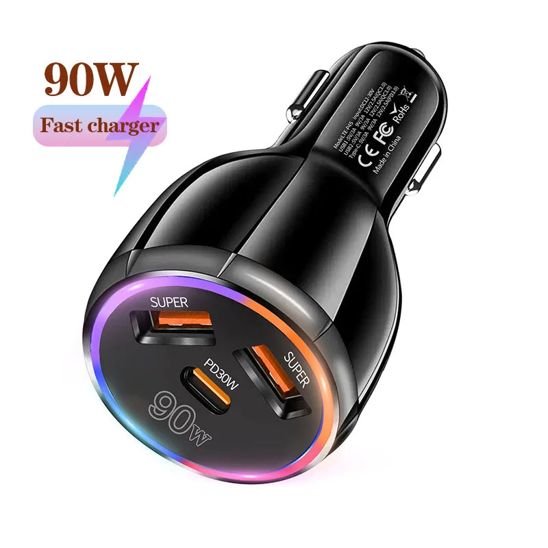 90W 3 Port Car Charger Super Fast Charger QC3.0 PD30W PPS High-Power Cigarette Lighter Fast Charger for iPhone/Huawei/Samsung