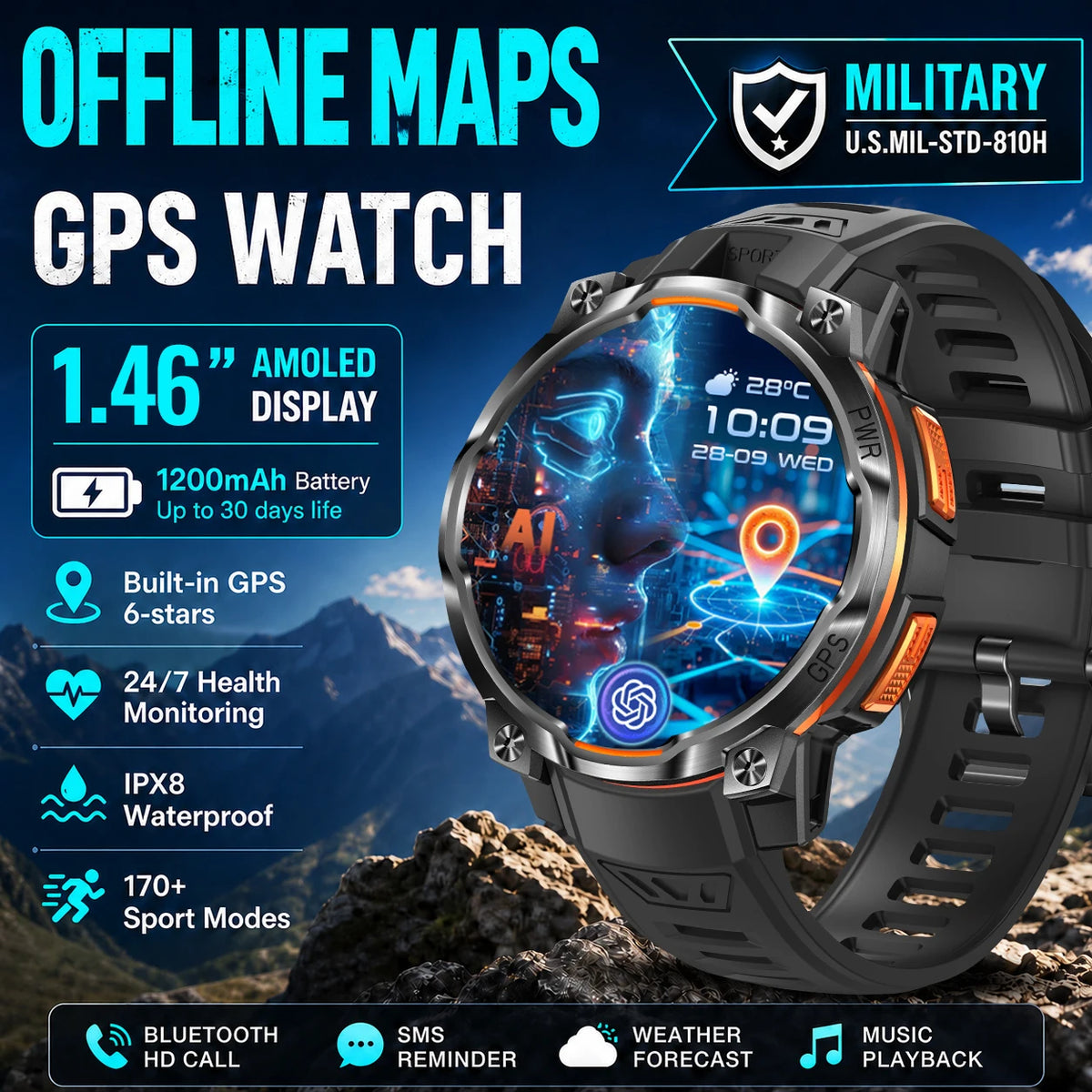 Men Outdoor GPS Smartwatch Offline Map 107 Sport Modes 1200mAh Battery BT Call Heart Rate BP SpO2 Fitness Sports Wrist Watch