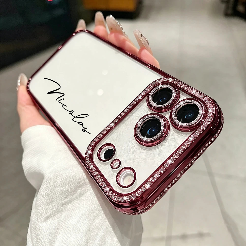  Custom Letters Name Starry Orange Rhinestone Glitter Frame Clear Phone Case For Iphone 13 14 15 16 17 18 Pro Max Air