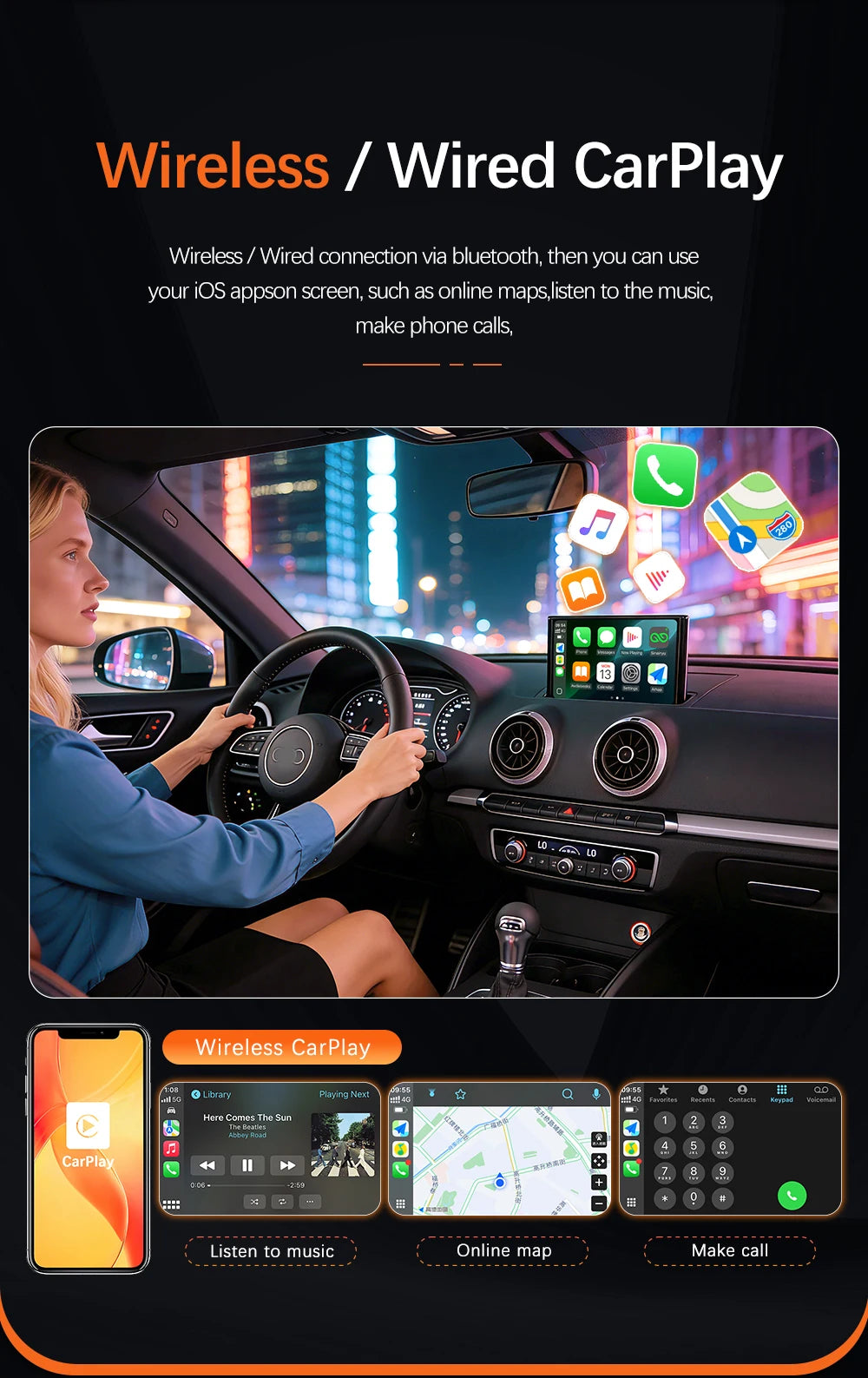 Sinairyu Wireless CarPlay Module Android Auto for Audi A3 S3 8V B9 MIB 2013-2020 Reverse Camera Car Play Functions