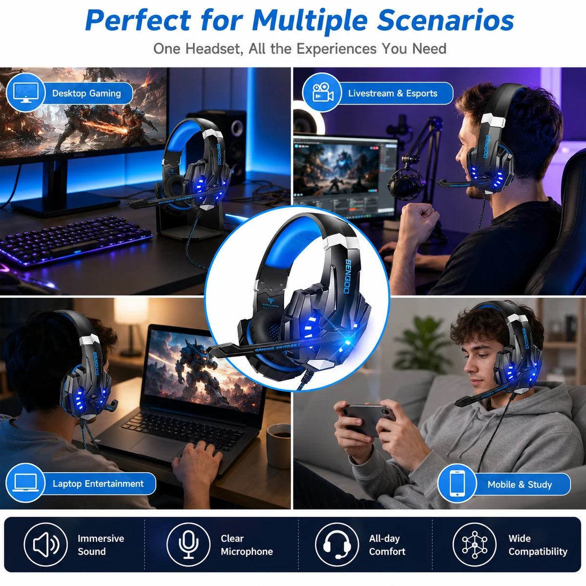 G9000 Wired Gaming Headset with Mic, Blue LED Stereo Over-Ear Headphones for PC PS4 PS5 Xbox Switch Laptop Mobile