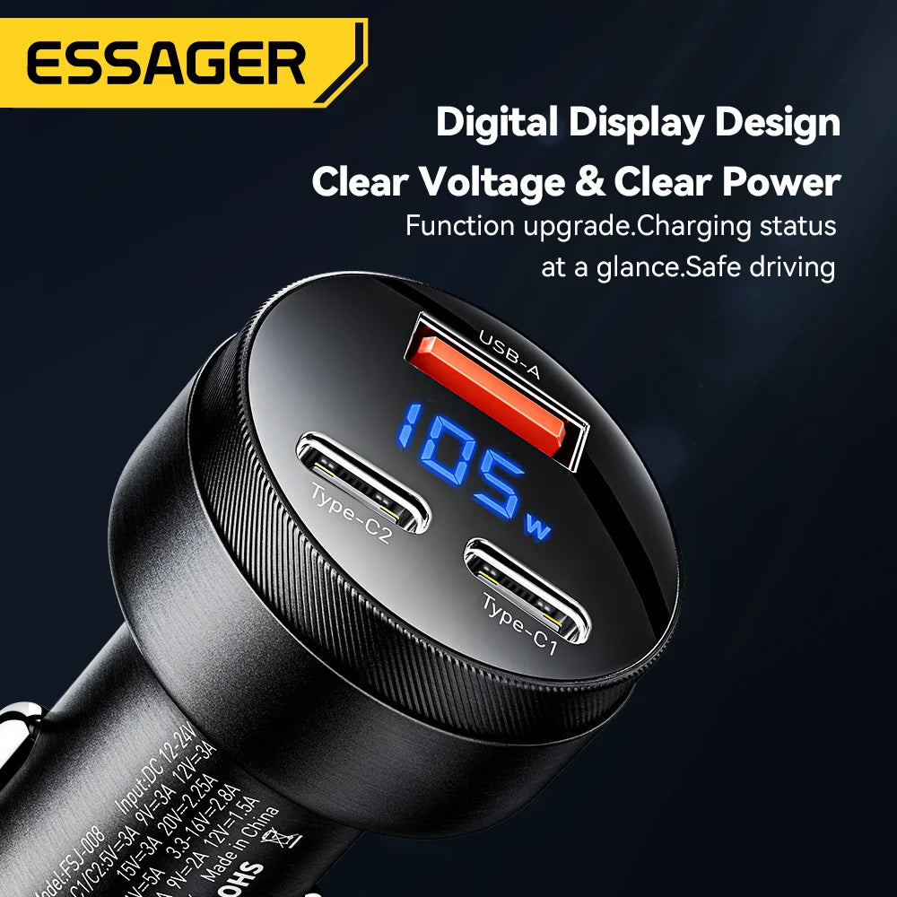 Essager USB C Car Charger 105W Quick Charge PD3.0 QC4.0 3.0 SCP PPS USB Type C Fast Charging For iPhone 15 14 13 Samsung Xiaomi
