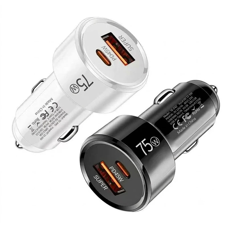 Dual Port 75W Vehicle Charger PD 45W QC 30W Fast Charging Auto Adapter Intelligent Chip Multiple Protections For Cars For iPhone